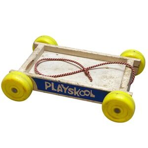 Playskool Wooden Pull Toy Wagon‎ Vintage Yellow Wheels Blue Farmhouse Decor